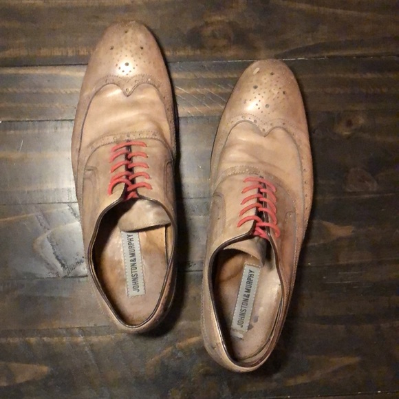 JOHNSTON & MURPHY Taupe Wingtip Lace up with Red shoestrings mens 11.5 - Picture 3 of 6